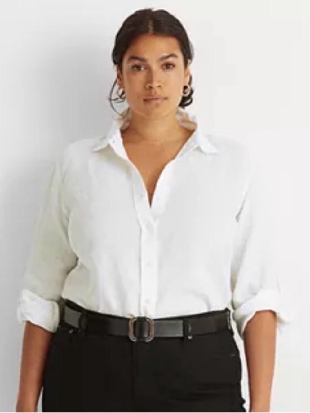Lauren Ralph Lauren White 100% Linen Roll-Tab Button Down Shirt Plus 1X Coastal